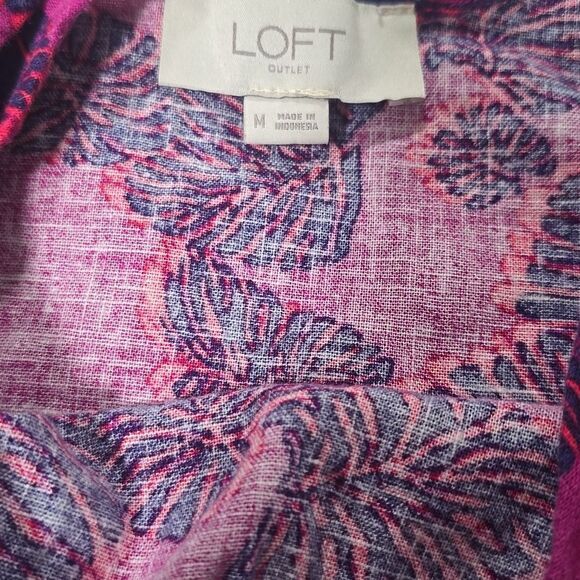Loft Linen Blend Dress Fuchsia Leaf Print Ruffle Hem Medium - Picture 5 of 9